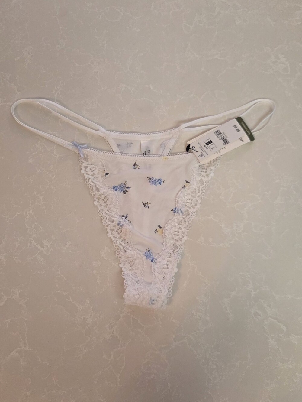 Ardene White Lace Thong with Blue Floral Accents
